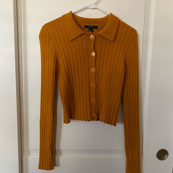 GENTLY USED Forever 21 Knit Collared Button Up Crop Mustard Sweater - Picture 1 of 6